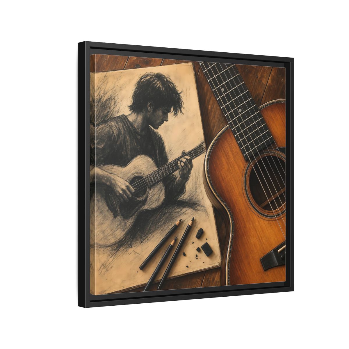 Side Mockup 12. Vintage Guitarist Brown And Black shown as framed canvas print