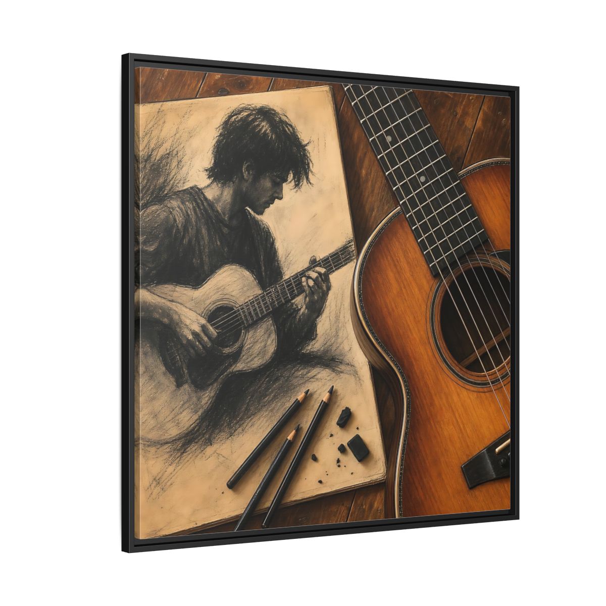 Side Mockup 6. Vintage Guitarist Brown And Black shown as framed canvas print