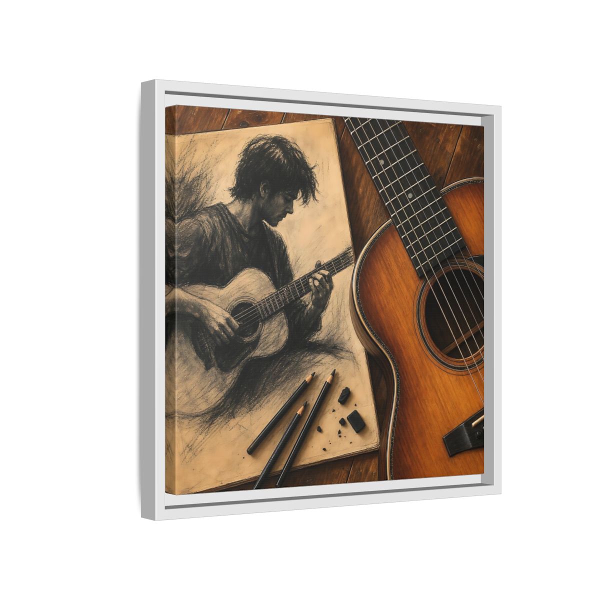 Side Mockup 13. Vintage Guitarist Brown And Black shown as framed canvas print
