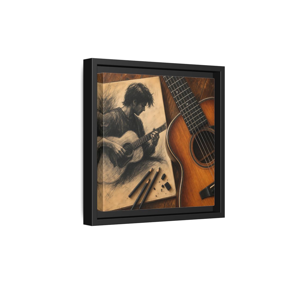 Side Mockup 21. Vintage Guitarist Brown And Black shown as framed canvas print