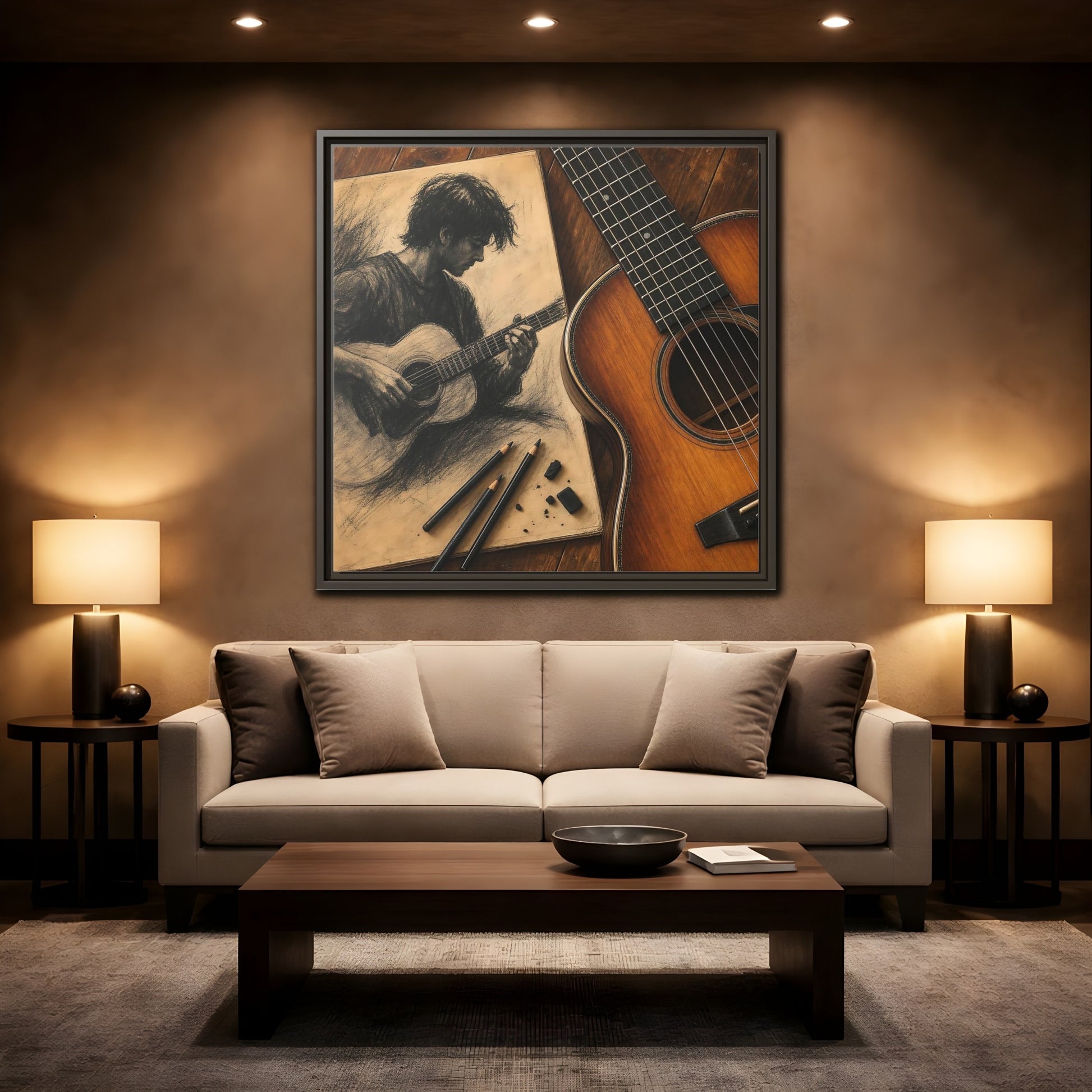 Mockup 2. Vintage Guitarist Brown And Black shown as framed canvas print