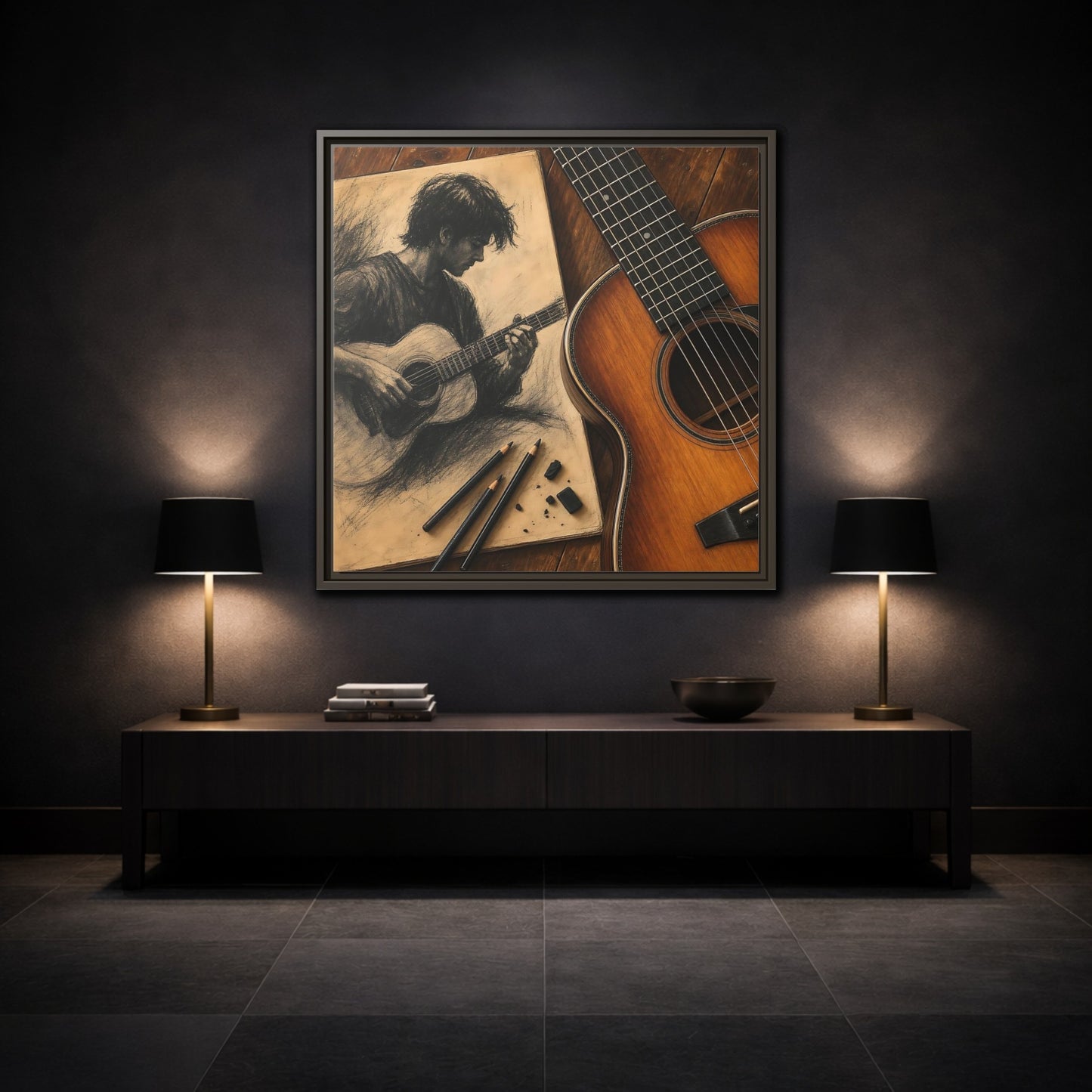 Mockup 3. Vintage Guitarist Brown And Black shown as framed canvas print
