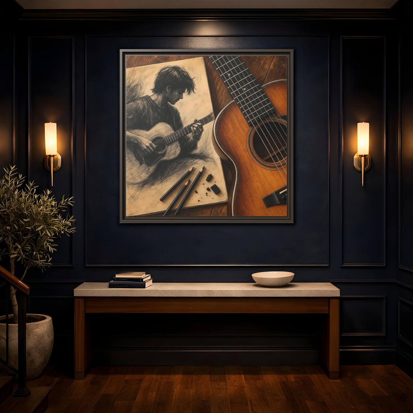 Mockup 4. Vintage Guitarist Brown And Black shown as framed canvas print