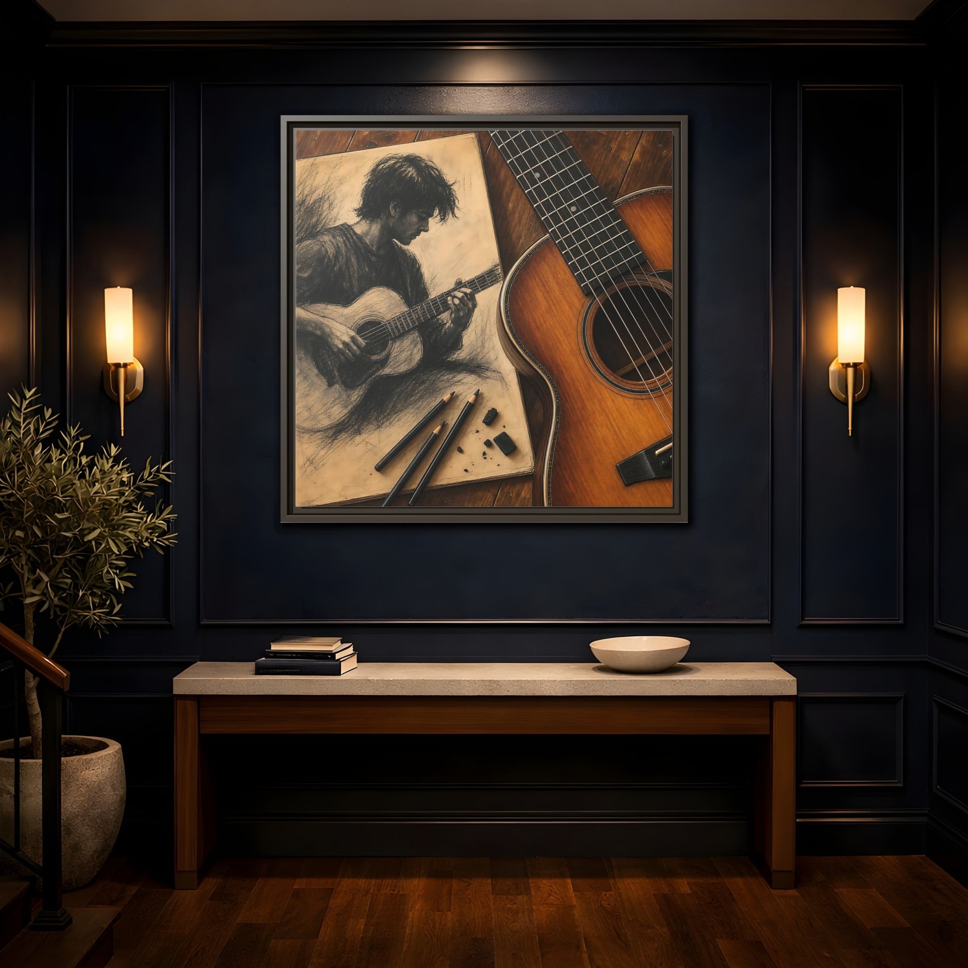 Mockup 4. Vintage Guitarist Brown And Black shown as framed canvas print