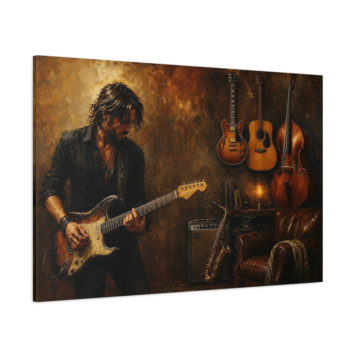 Side Mockup 1. Vintage Guitarist Brown And Gold shown as canvas print