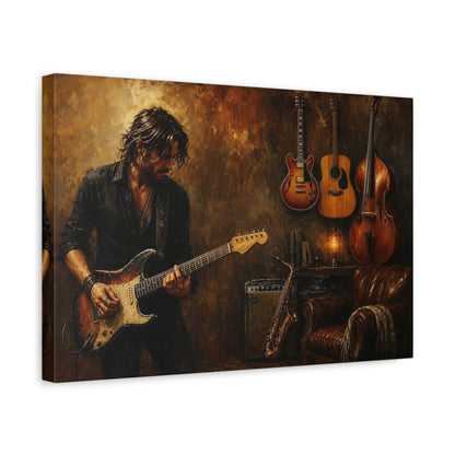 Side Mockup 4. Vintage Guitarist Brown And Gold shown as canvas print