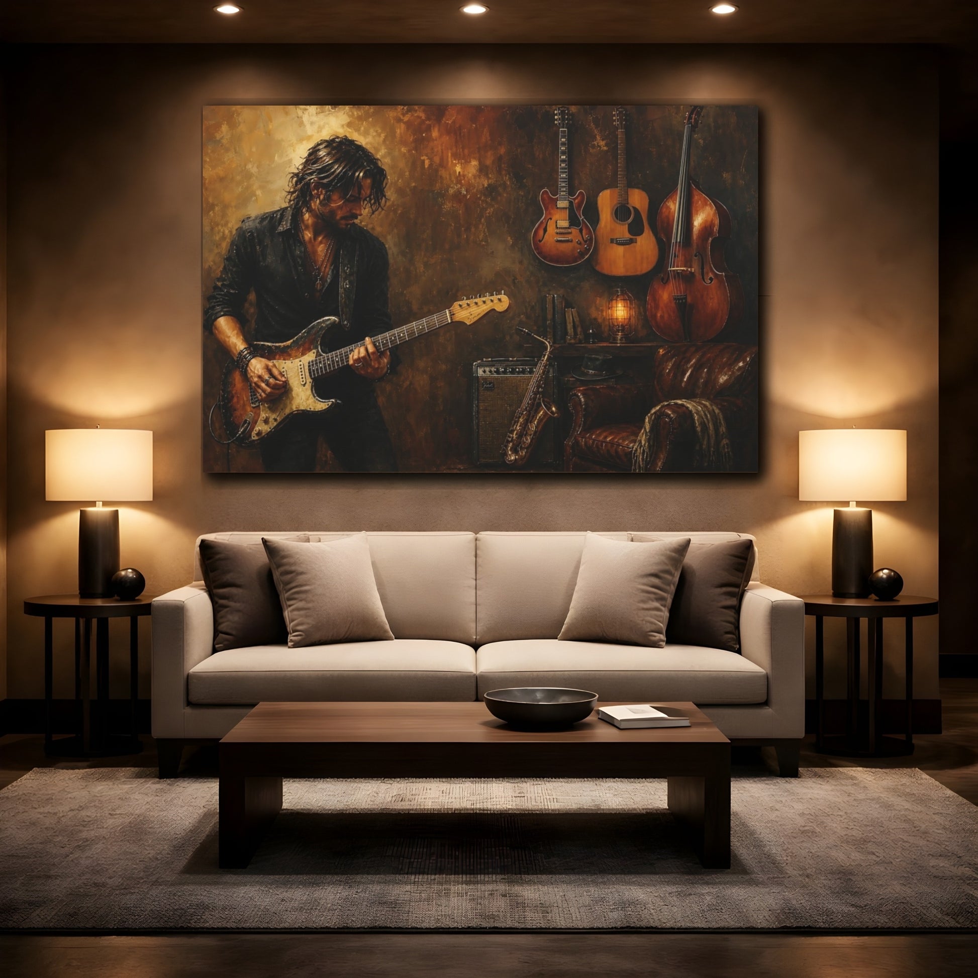 Mockup 2. Vintage Guitarist Brown And Gold shown as canvas print