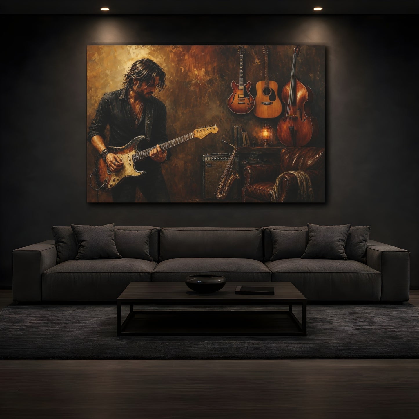 Mockup 3. Vintage Guitarist Brown And Gold shown as canvas print