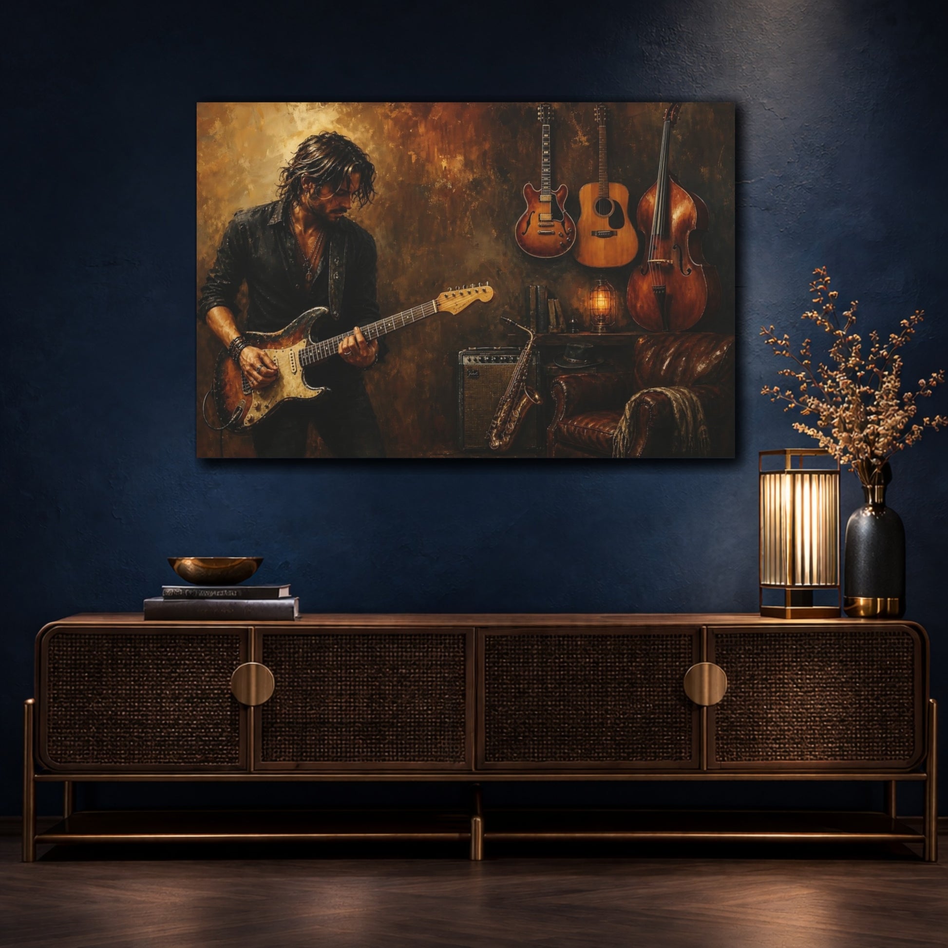 Mockup 4. Vintage Guitarist Brown And Gold shown as canvas print