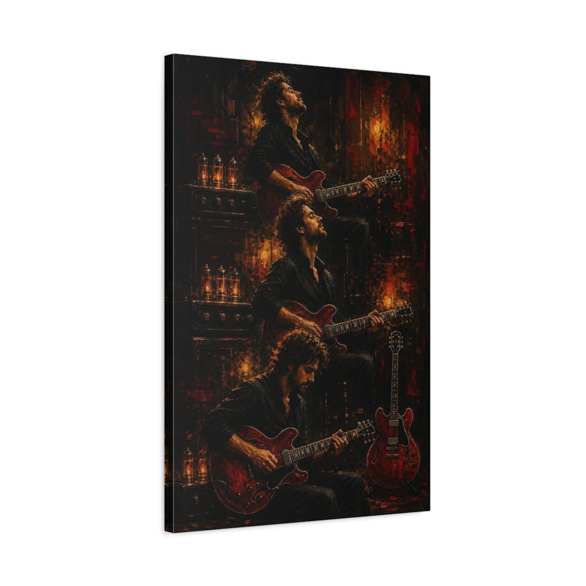 Side Mockup 2. Vintage Guitarist Dark Red Guitarist shown as canvas print