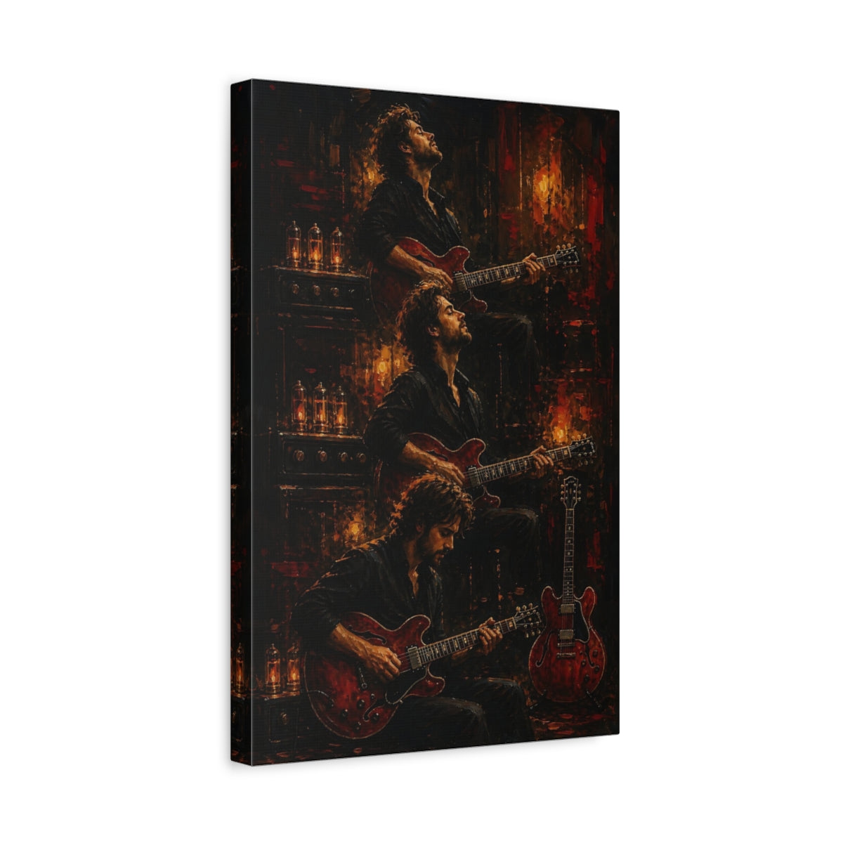 Side Mockup 4. Vintage Guitarist Dark Red Guitarist shown as canvas print