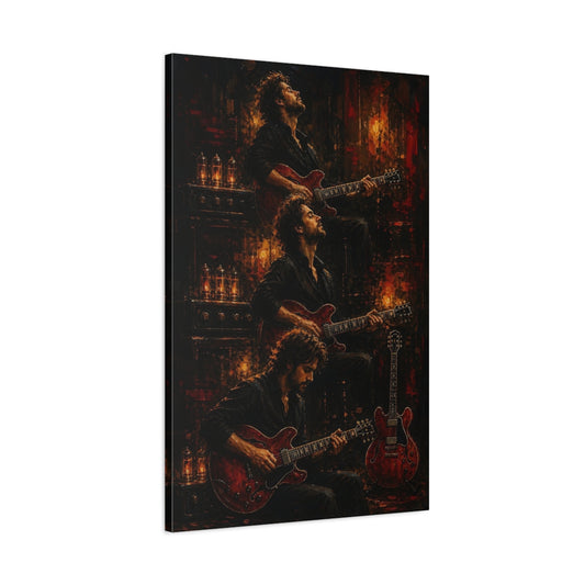 Main Mockup. Vintage Guitarist Dark Red Guitarist shown as canvas print