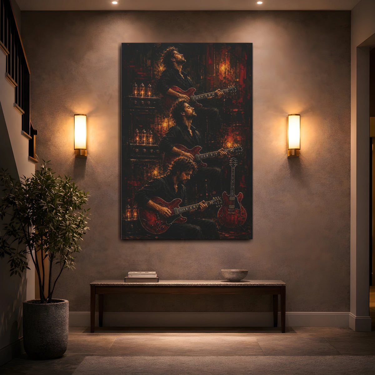 Mockup 2. Vintage Guitarist Dark Red Guitarist shown as canvas print