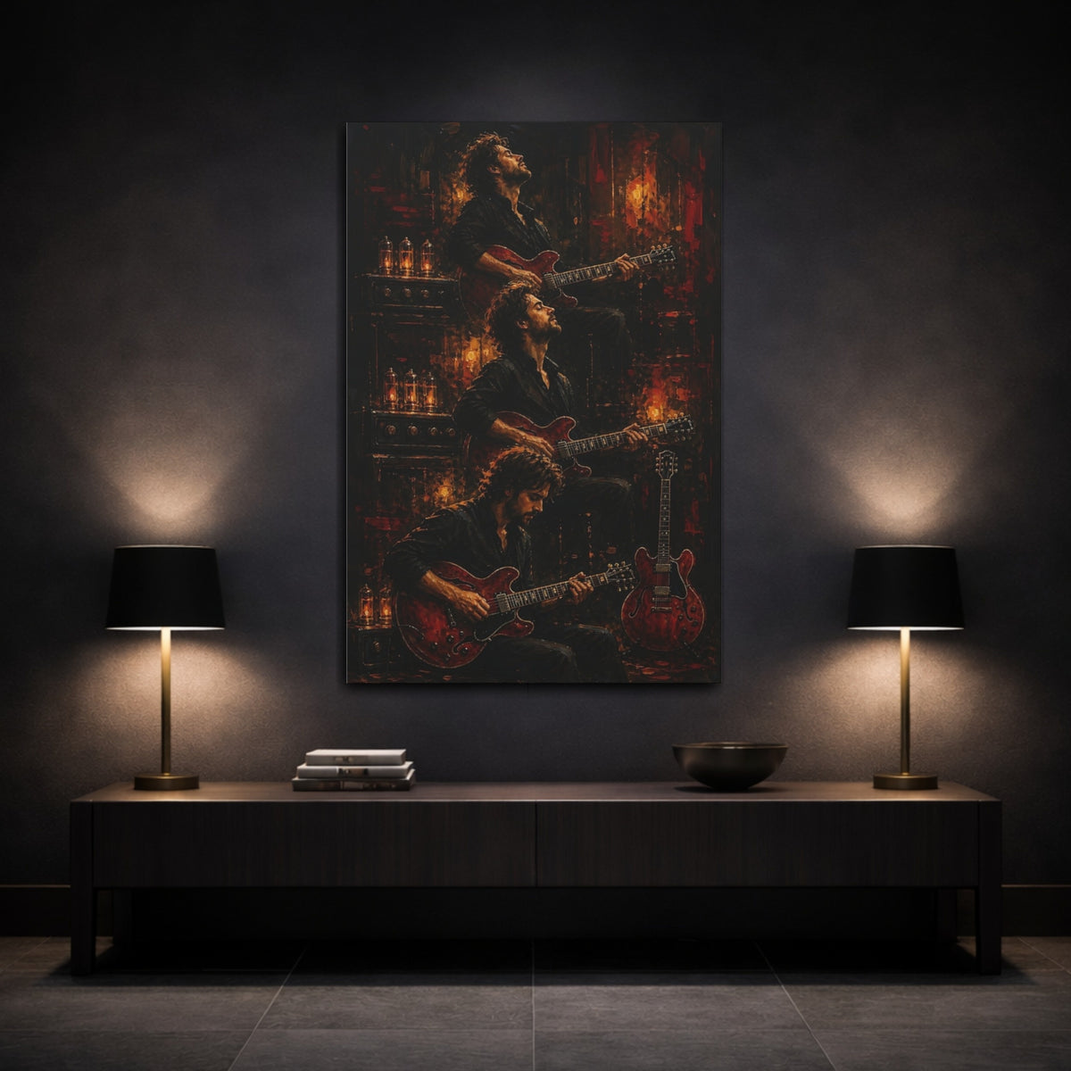 Mockup 3. Vintage Guitarist Dark Red Guitarist shown as canvas print