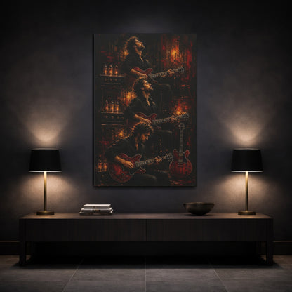 Mockup 3. Vintage Guitarist Dark Red Guitarist shown as canvas print