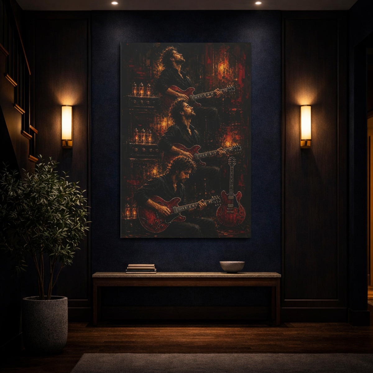 Mockup 4. Vintage Guitarist Dark Red Guitarist shown as canvas print