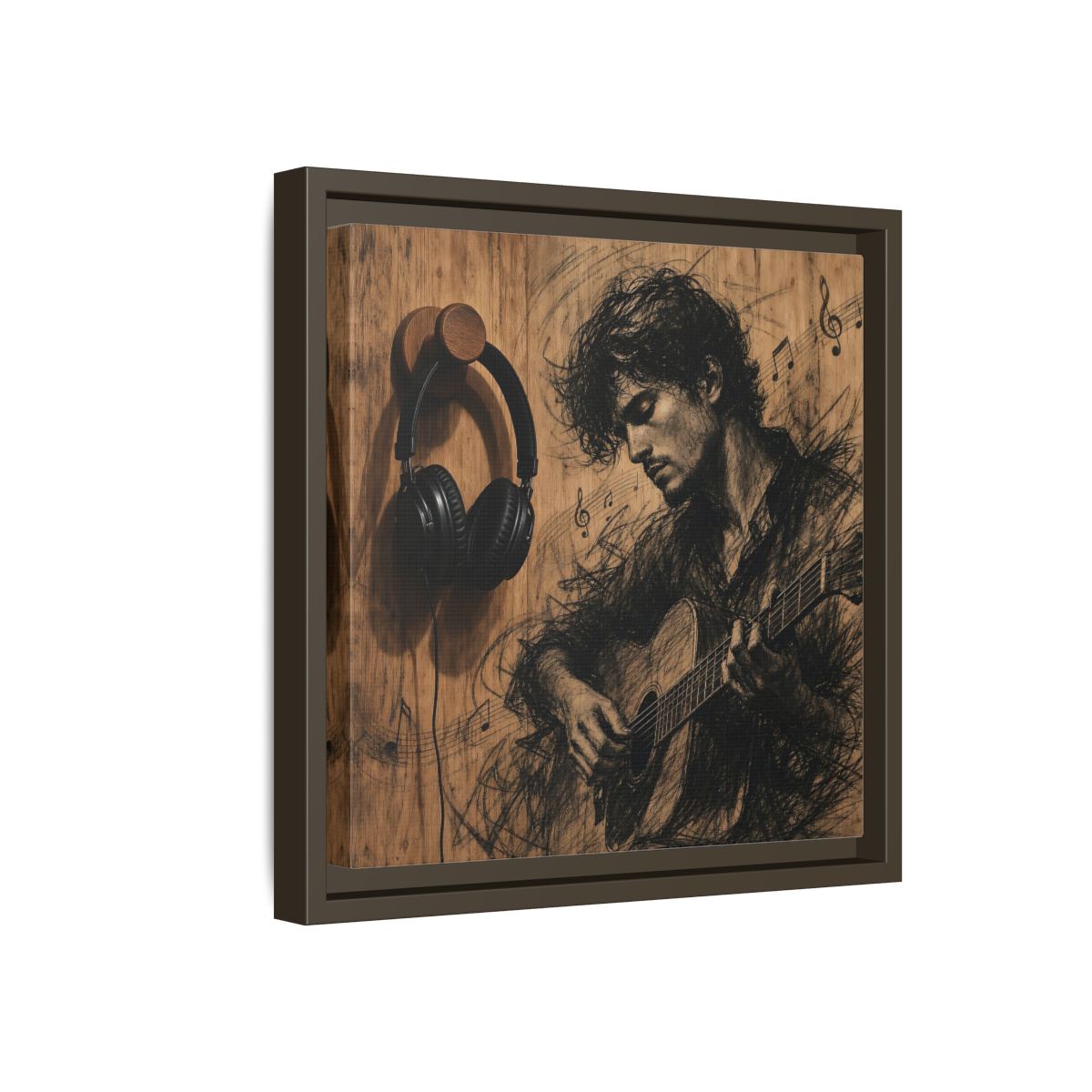 Side Mockup 17. Vintage Guitarist Wood Guitarist shown as framed canvas print