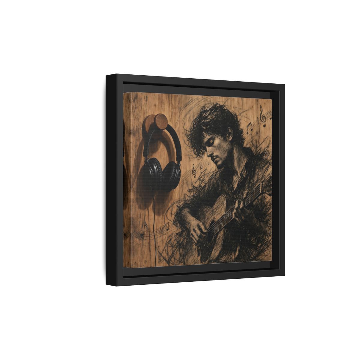 Side Mockup 21. Vintage Guitarist Wood Guitarist shown as framed canvas print