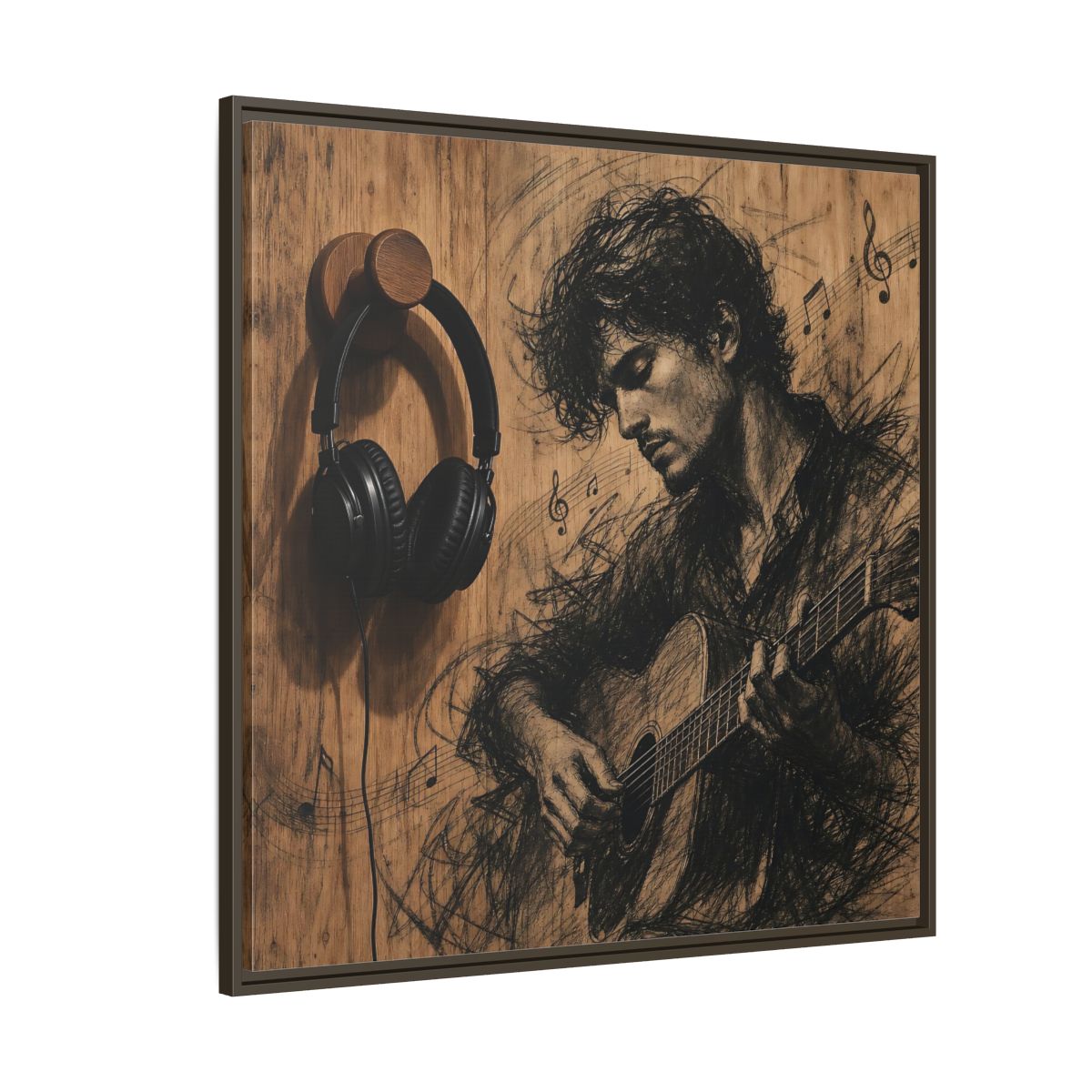 Side Mockup 5. Vintage Guitarist Wood Guitarist shown as framed canvas print