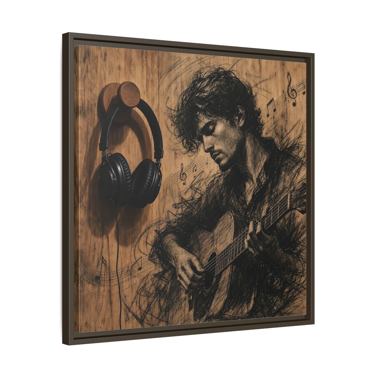 Side Mockup 27. Vintage Guitarist Wood Guitarist shown as framed canvas print
