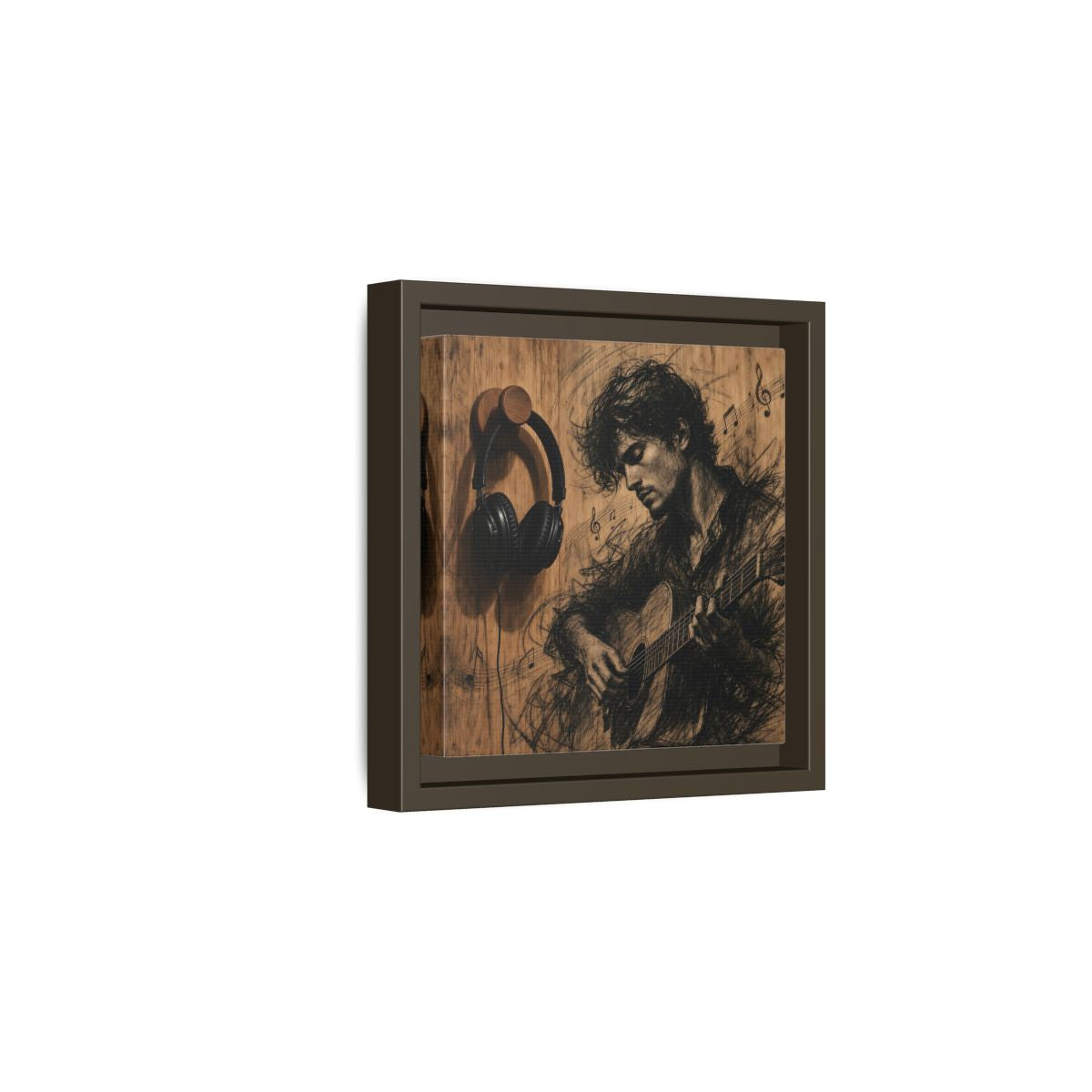 Side Mockup 2. Vintage Guitarist Wood Guitarist shown as framed canvas print