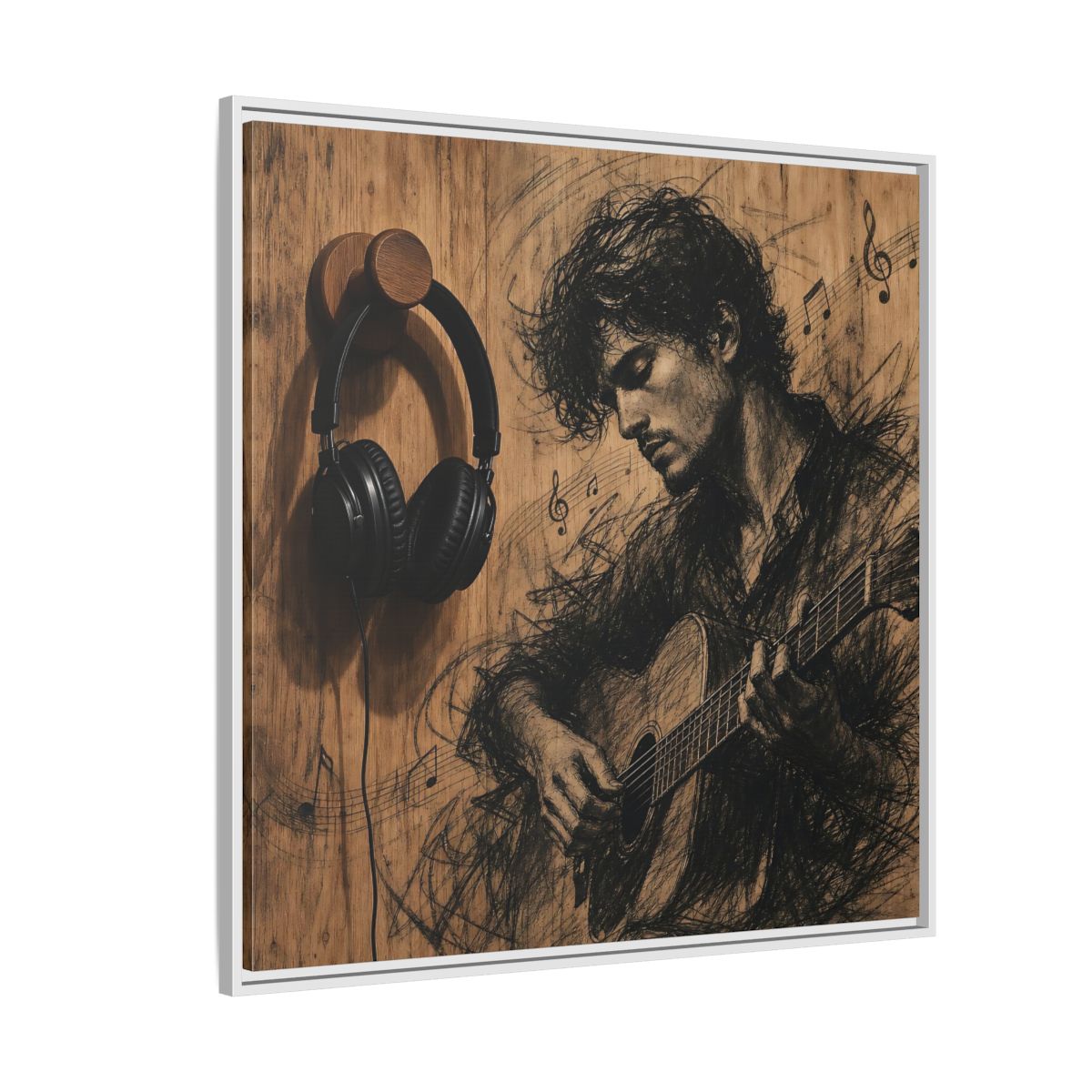 Side Mockup 4. Vintage Guitarist Wood Guitarist shown as framed canvas print