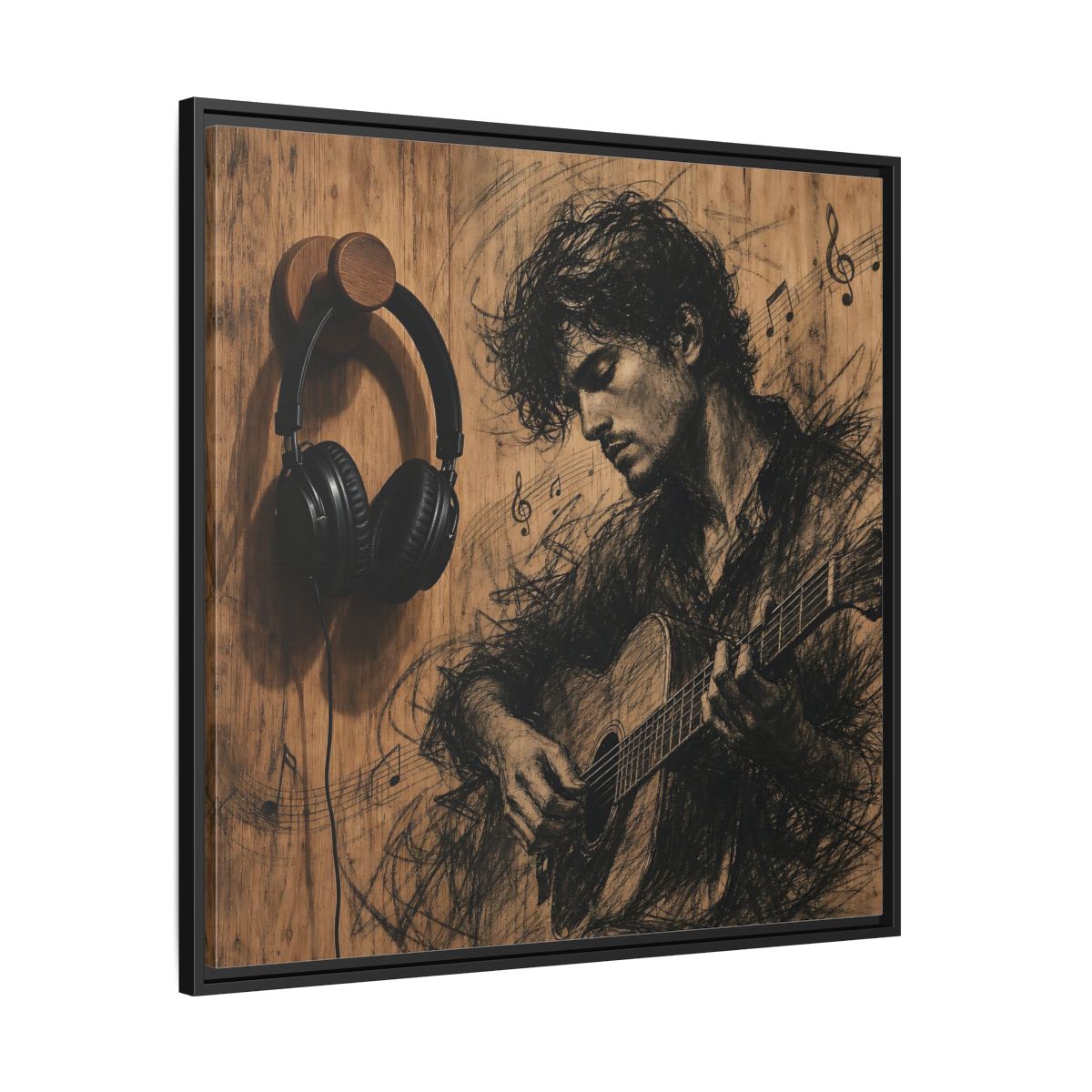 Side Mockup 30. Vintage Guitarist Wood Guitarist shown as framed canvas print