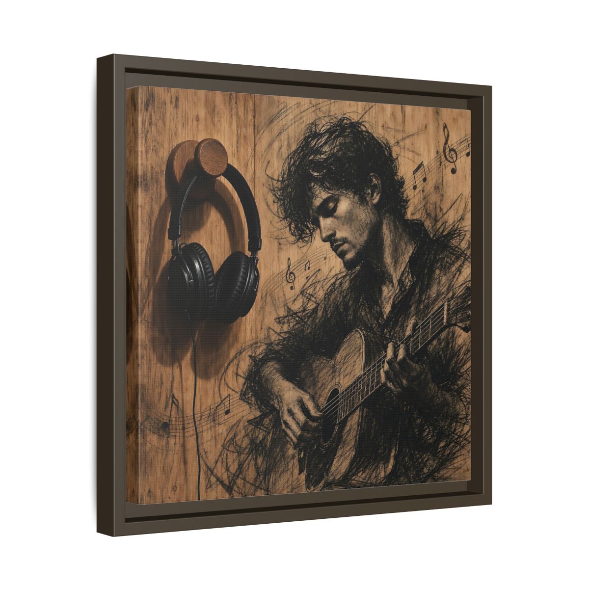 Side Mockup 29. Vintage Guitarist Wood Guitarist shown as framed canvas print
