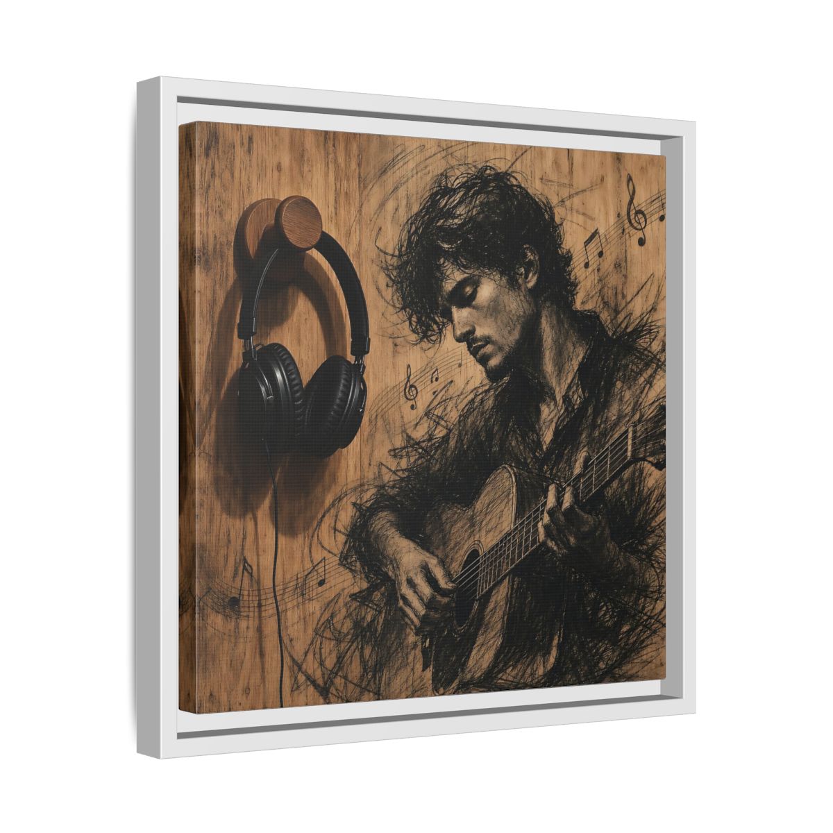 Side Mockup 28. Vintage Guitarist Wood Guitarist shown as framed canvas print