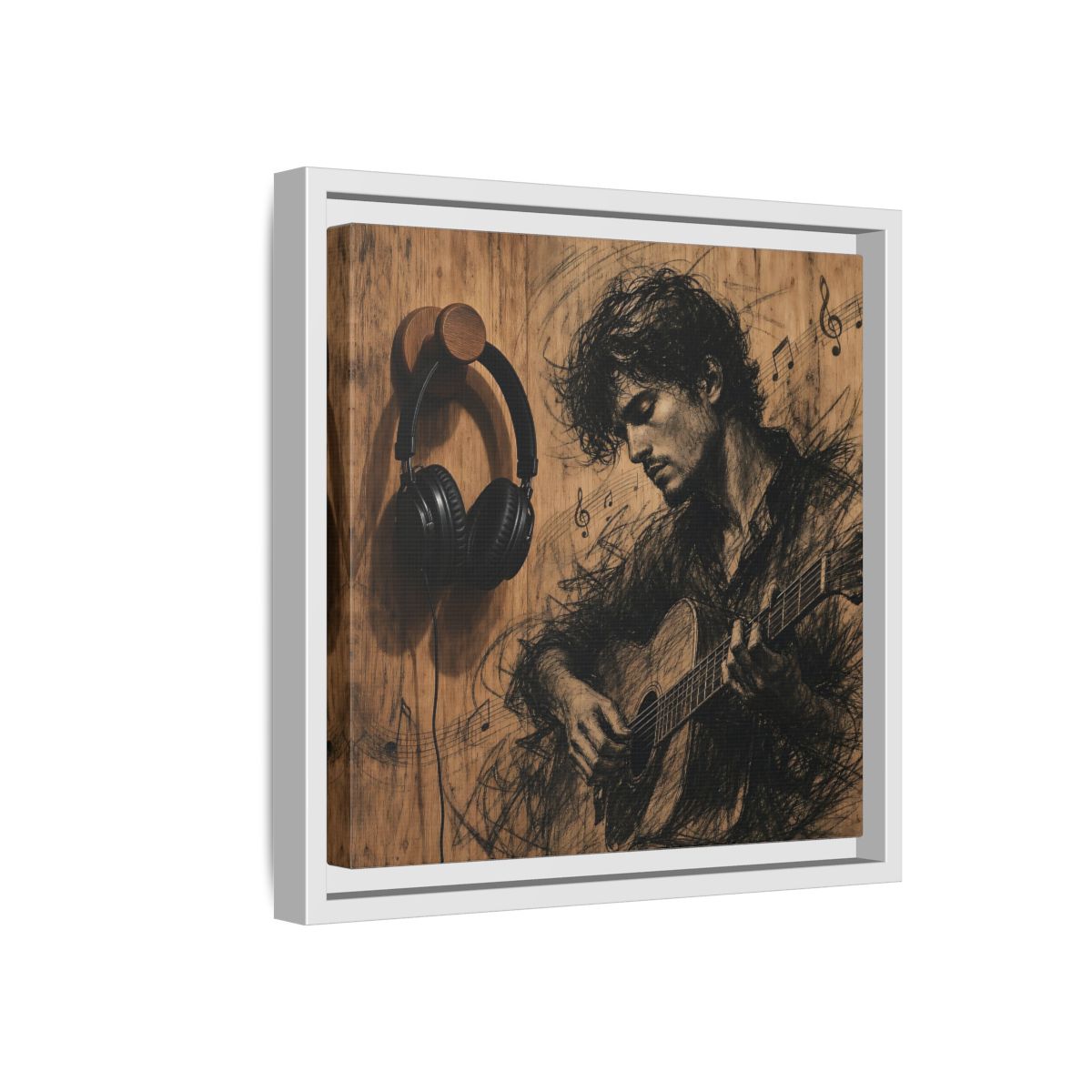 Side Mockup 16. Vintage Guitarist Wood Guitarist shown as framed canvas print