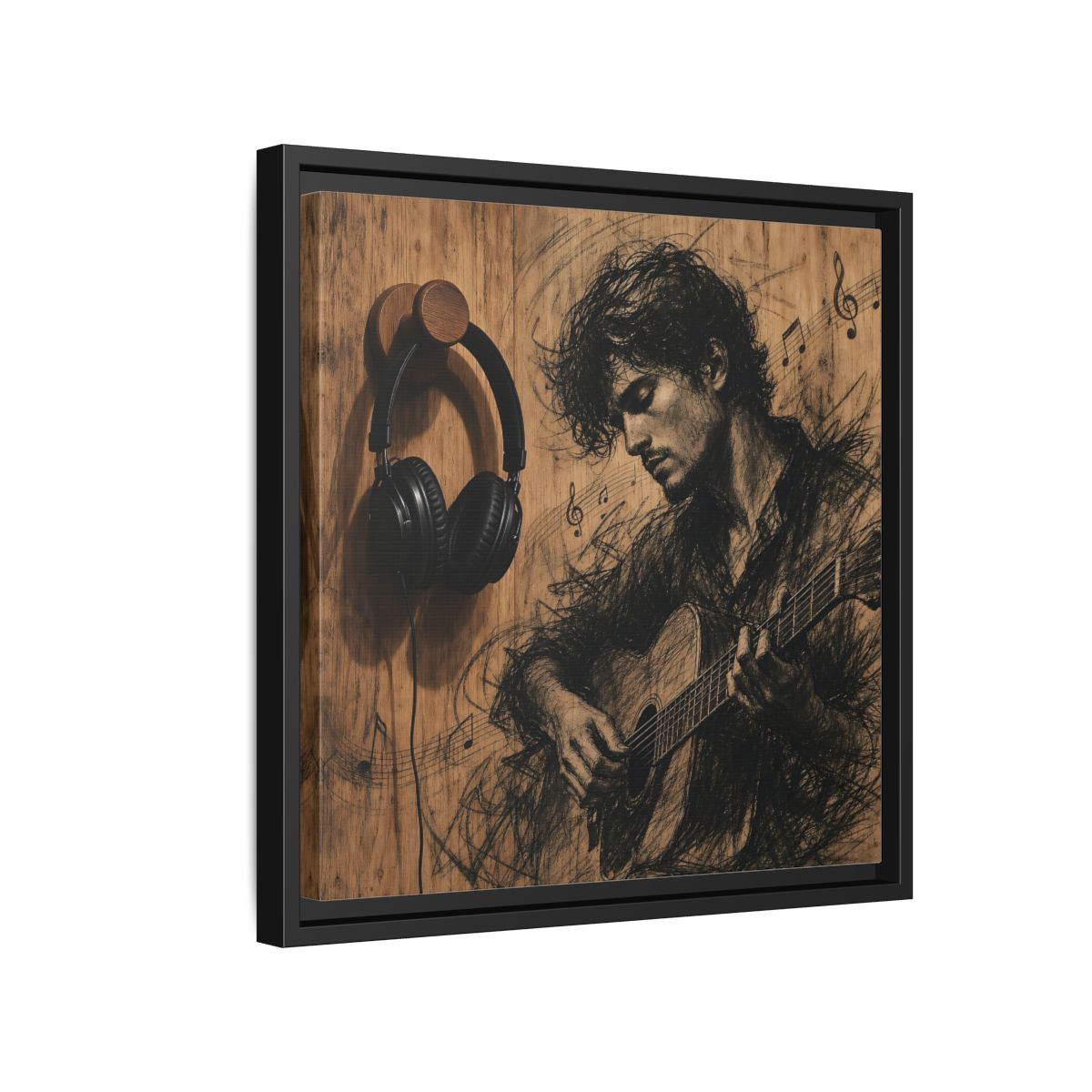 Side Mockup 15. Vintage Guitarist Wood Guitarist shown as framed canvas print