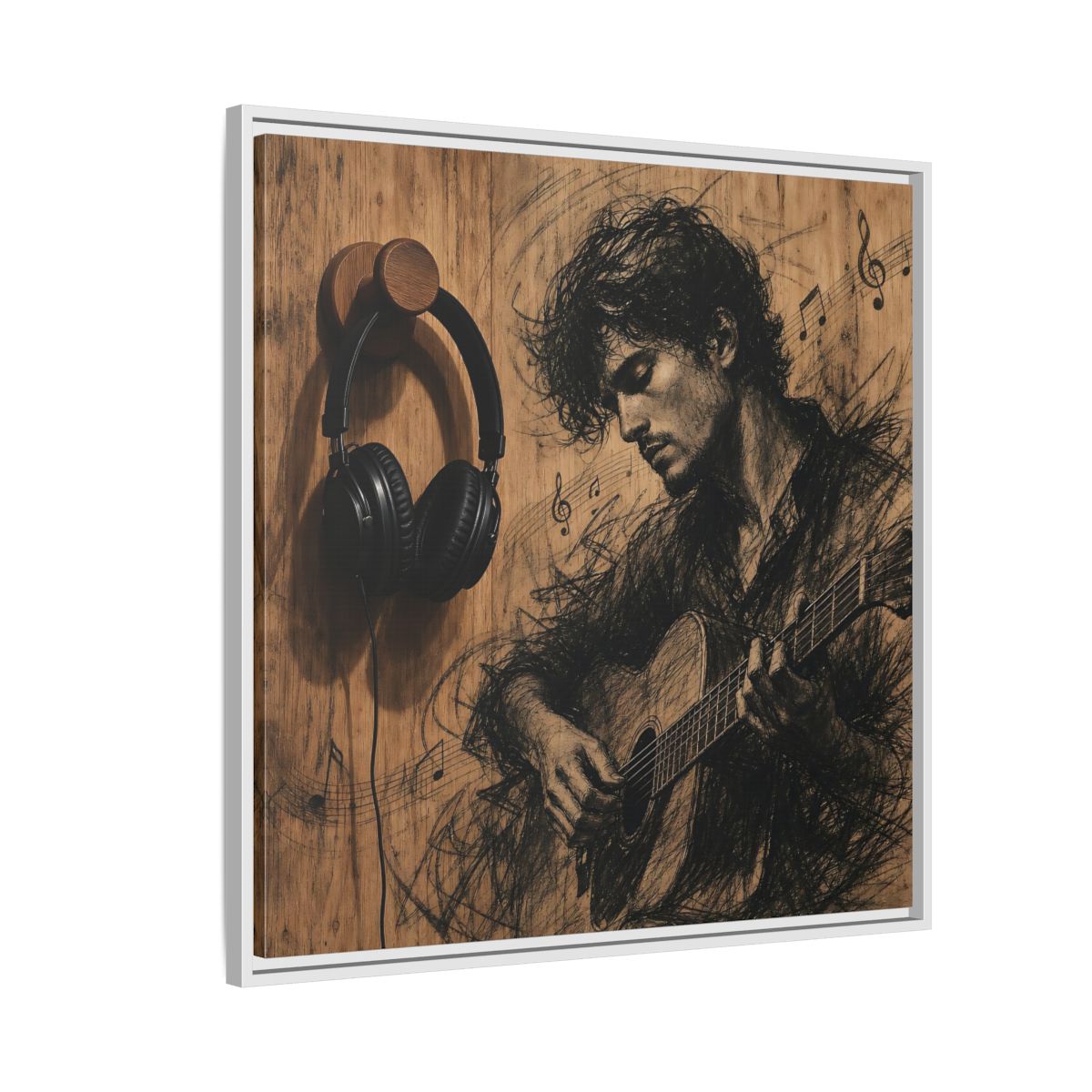 Side Mockup 7. Vintage Guitarist Wood Guitarist shown as framed canvas print