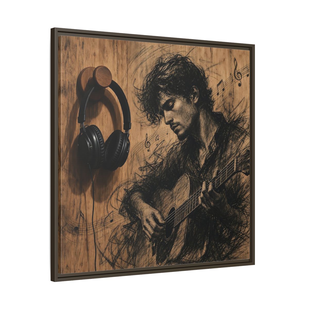 Main Mockup. Vintage Guitarist Wood Guitarist shown as framed canvas print