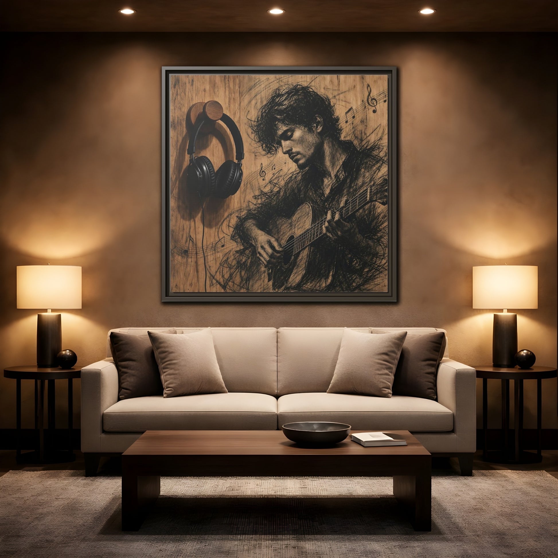 Mockup 2. Vintage Guitarist Wood Guitarist shown as framed canvas print