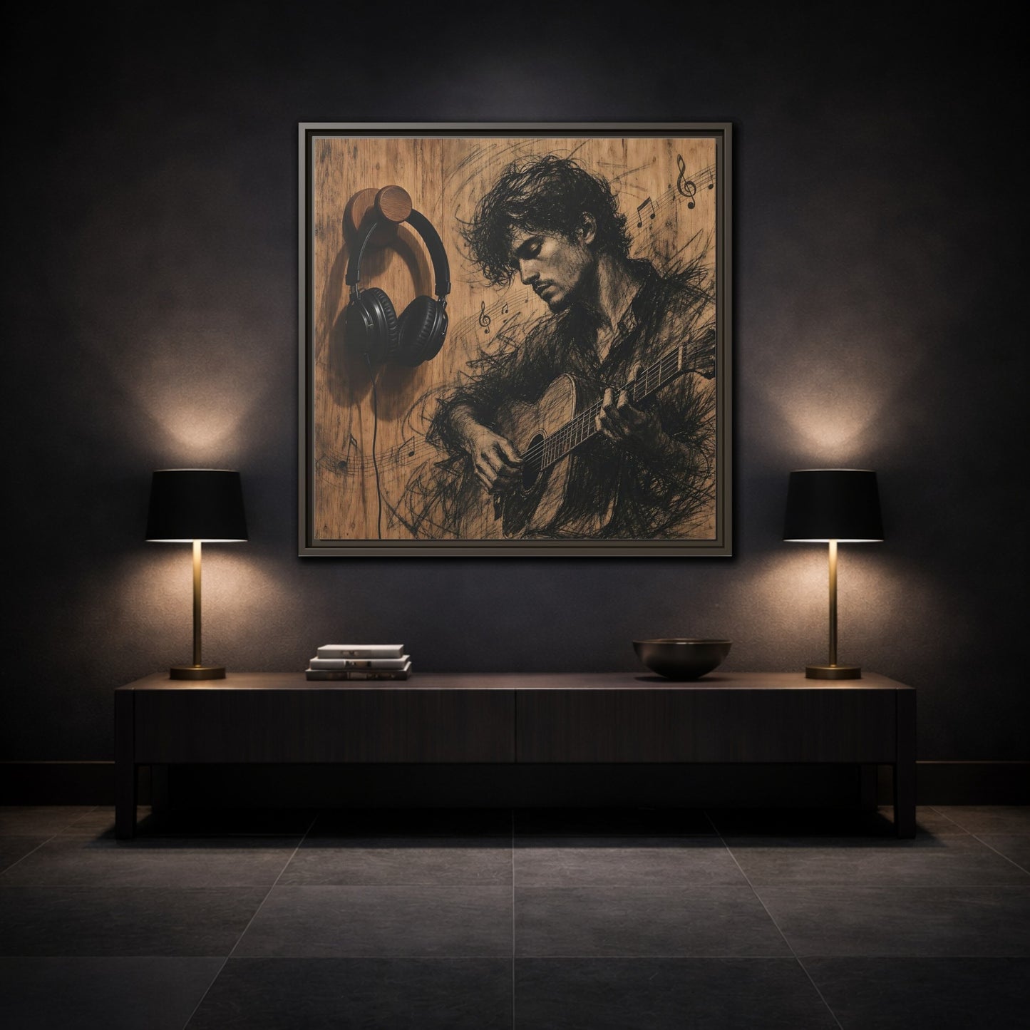 Mockup 3. Vintage Guitarist Wood Guitarist shown as framed canvas print