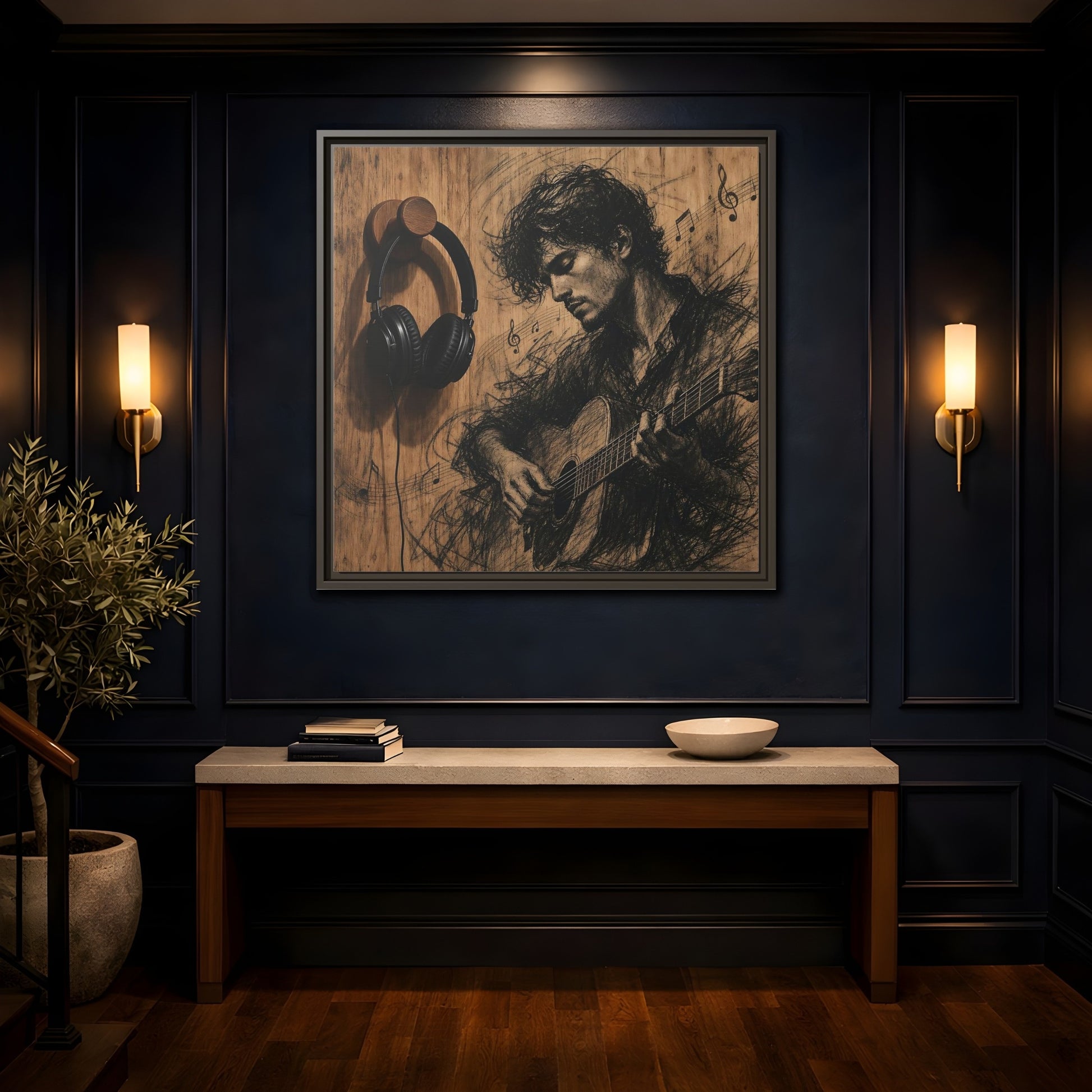 Mockup 4. Vintage Guitarist Wood Guitarist shown as framed canvas print
