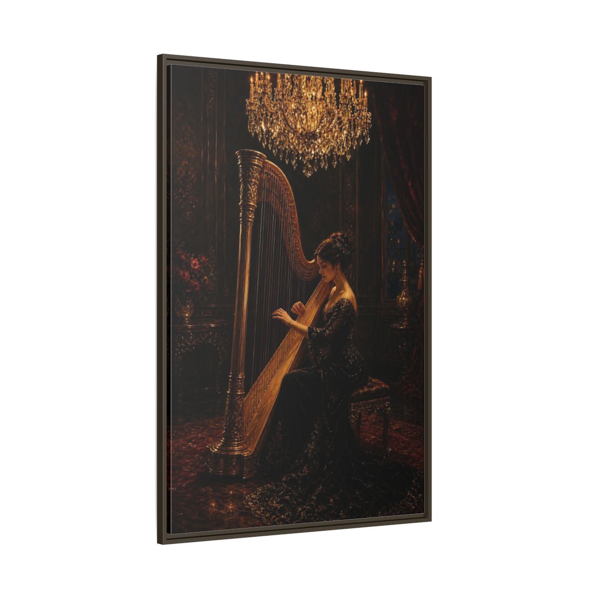 Side Mockup 8. Vintage Harpist Gold And Dark shown as framed canvas print