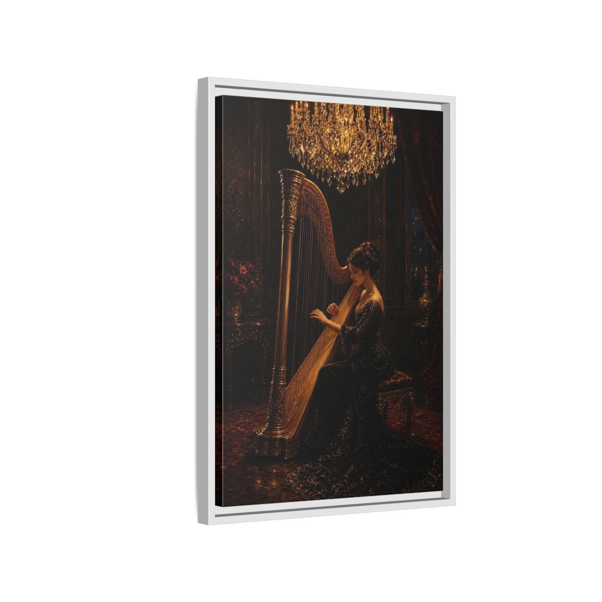 Side Mockup 1. Vintage Harpist Gold And Dark shown as framed canvas print