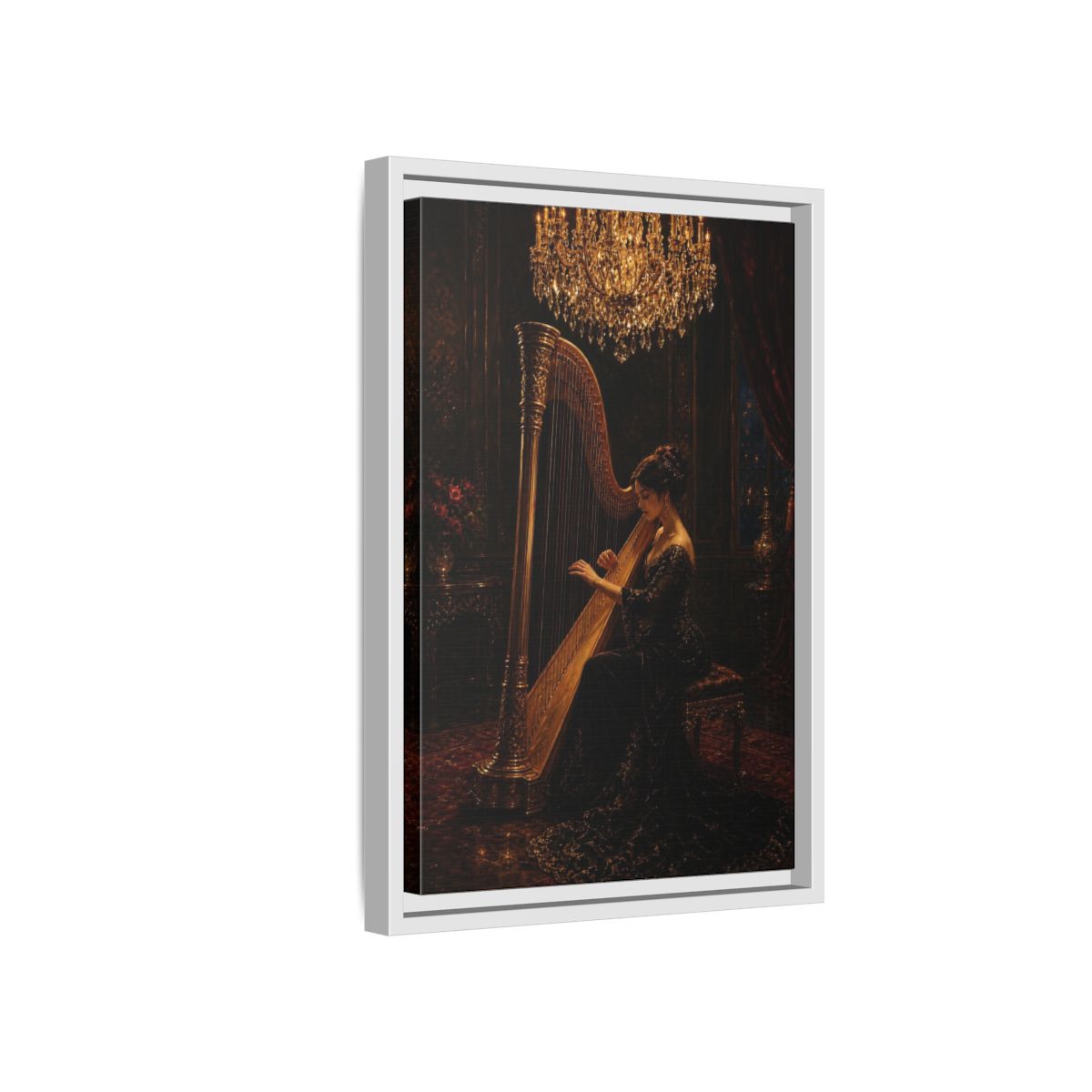 Side Mockup 4. Vintage Harpist Gold And Dark shown as framed canvas print