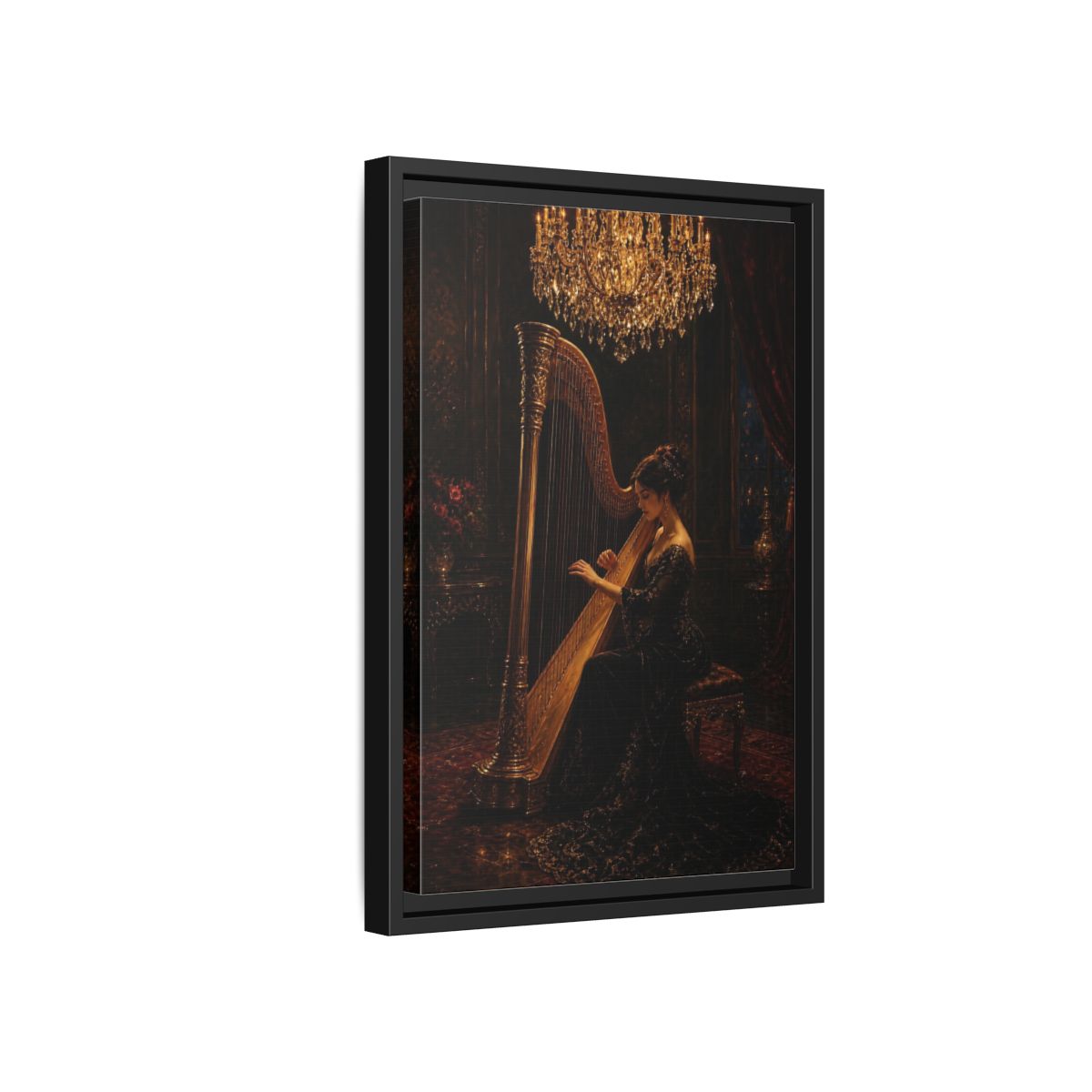 Side Mockup 6. Vintage Harpist Gold And Dark shown as framed canvas print