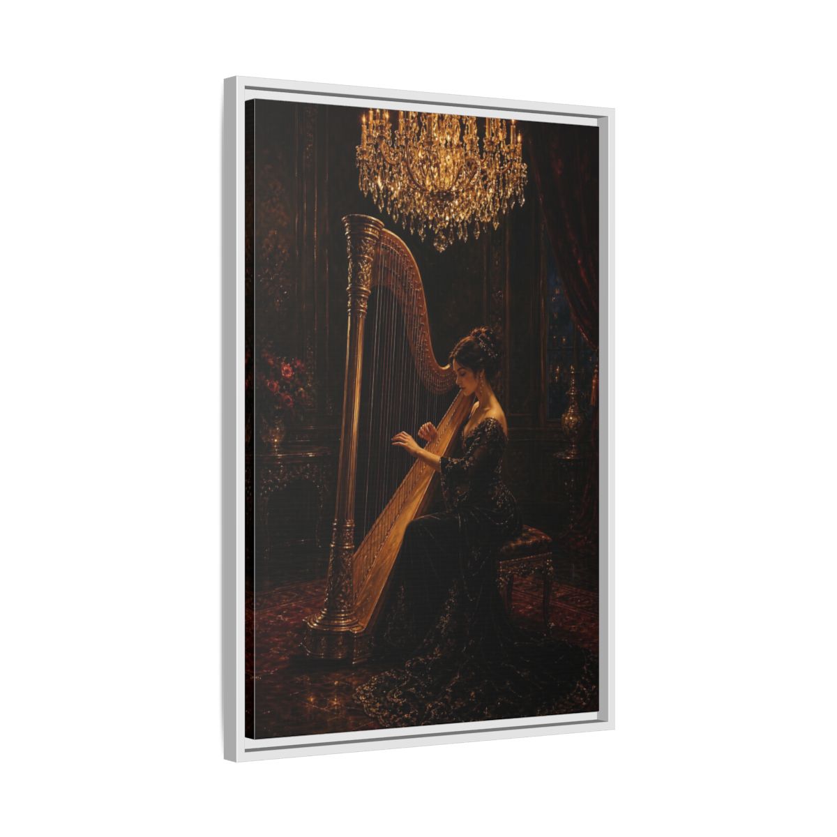 Side Mockup 10. Vintage Harpist Gold And Dark shown as framed canvas print
