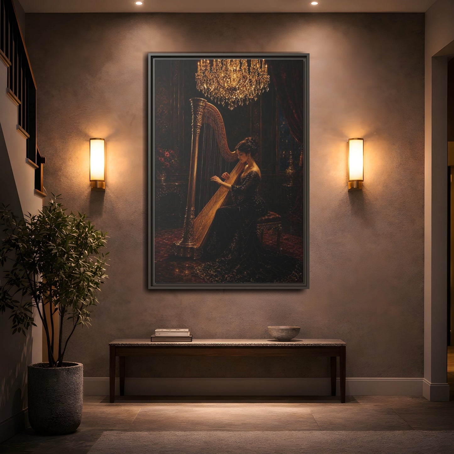 Mockup 2. Vintage Harpist Gold And Dark shown as framed canvas print