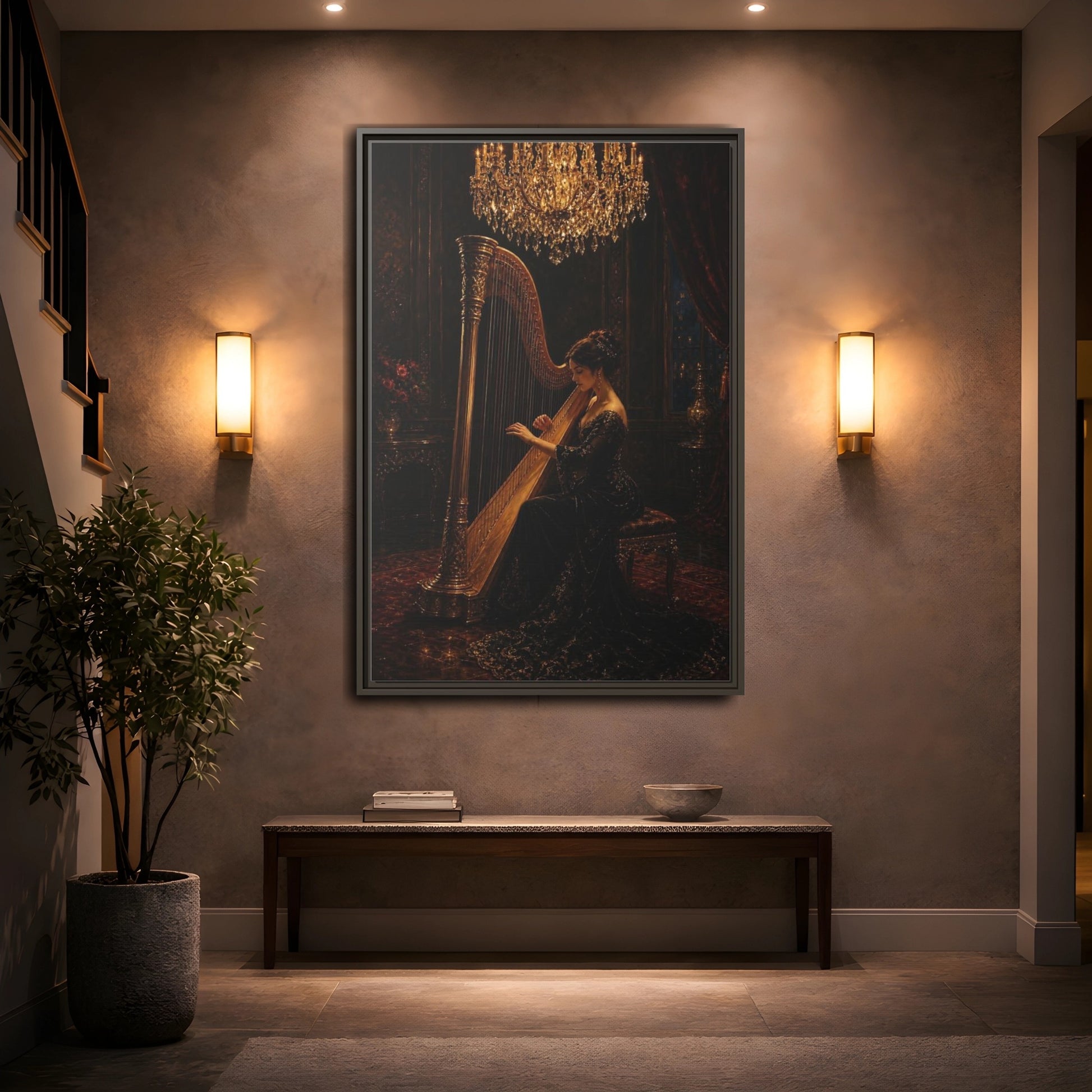 Mockup 2. Vintage Harpist Gold And Dark shown as framed canvas print