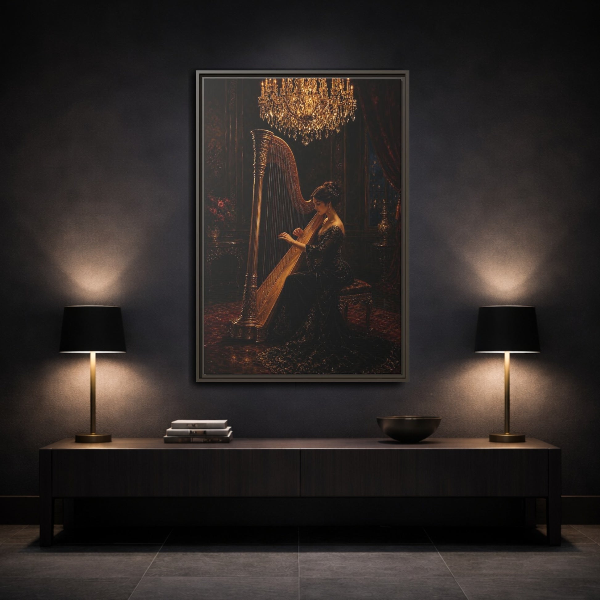 Mockup 3. Vintage Harpist Gold And Dark shown as framed canvas print