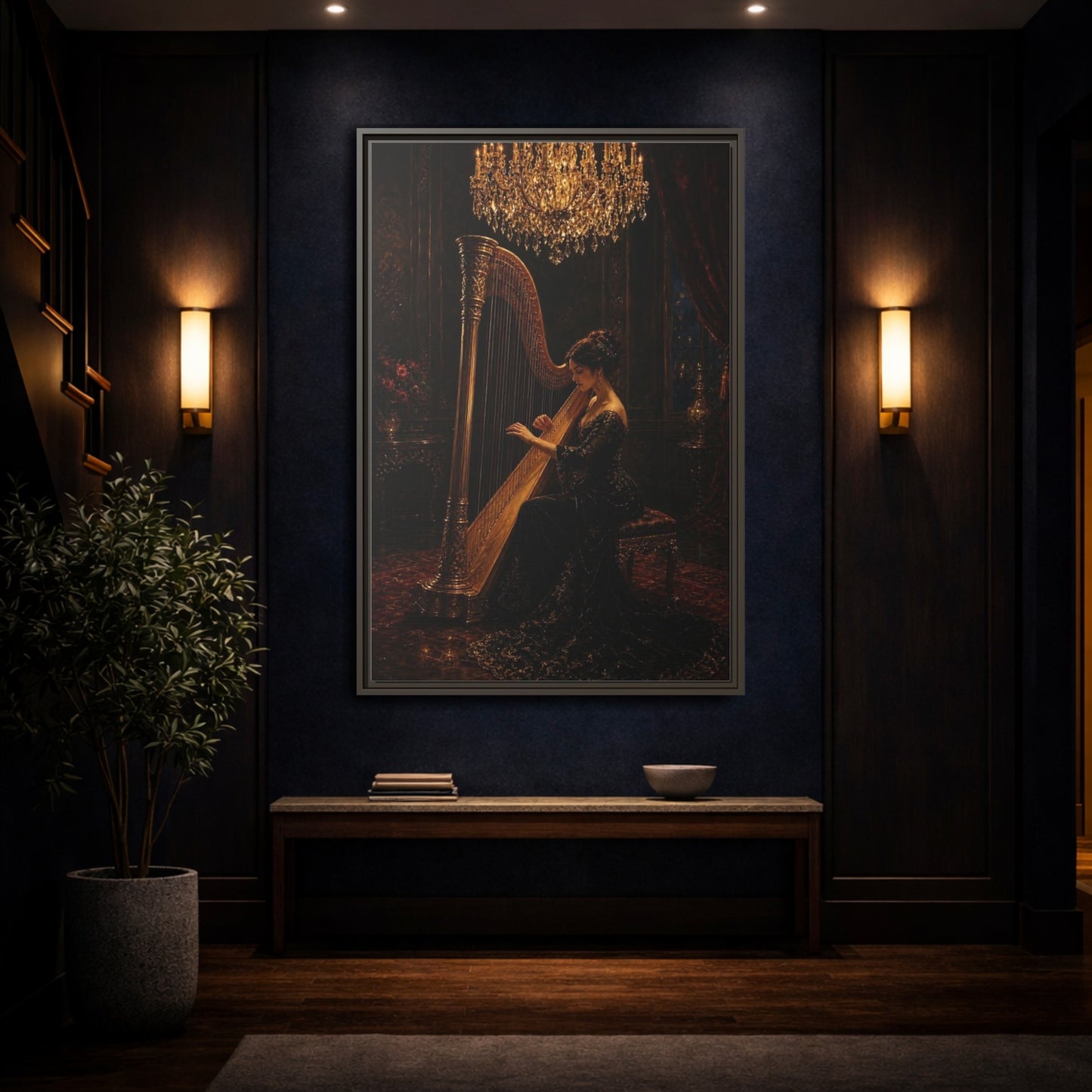 Mockup 4. Vintage Harpist Gold And Dark shown as framed canvas print