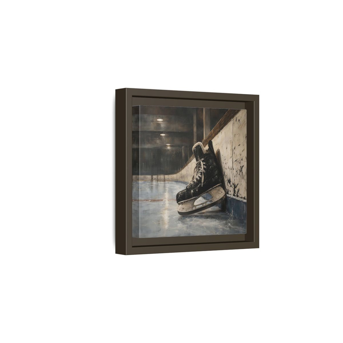 Side Mockup 2. Vintage Hockey Skate On Ice shown as framed canvas print