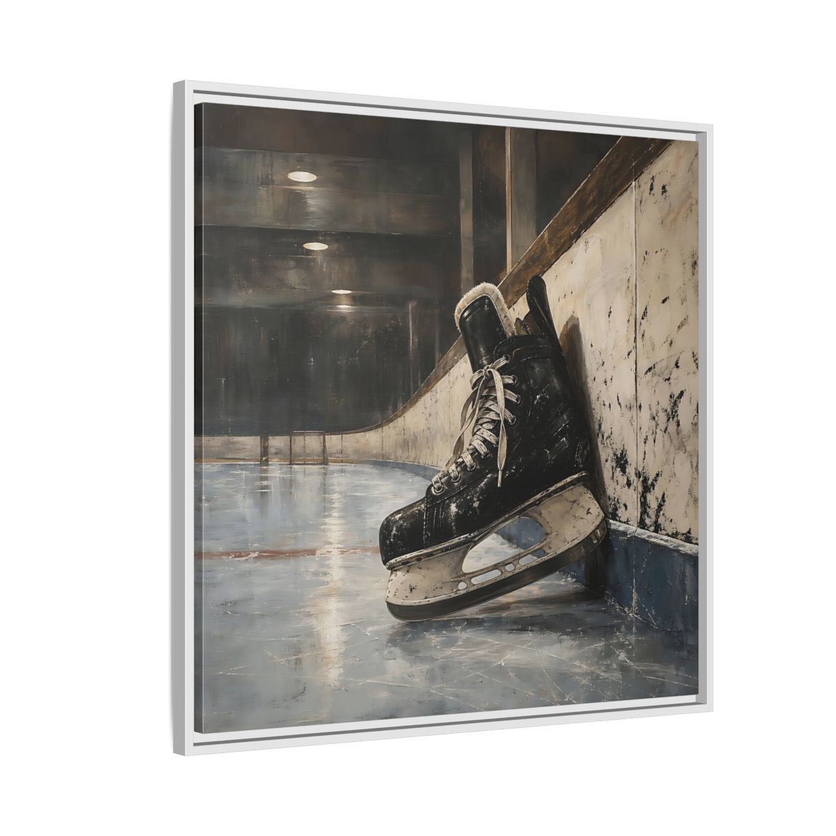 Side Mockup 7. Vintage Hockey Skate On Ice shown as framed canvas print