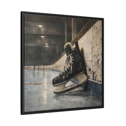 Side Mockup 30. Vintage Hockey Skate On Ice shown as framed canvas print