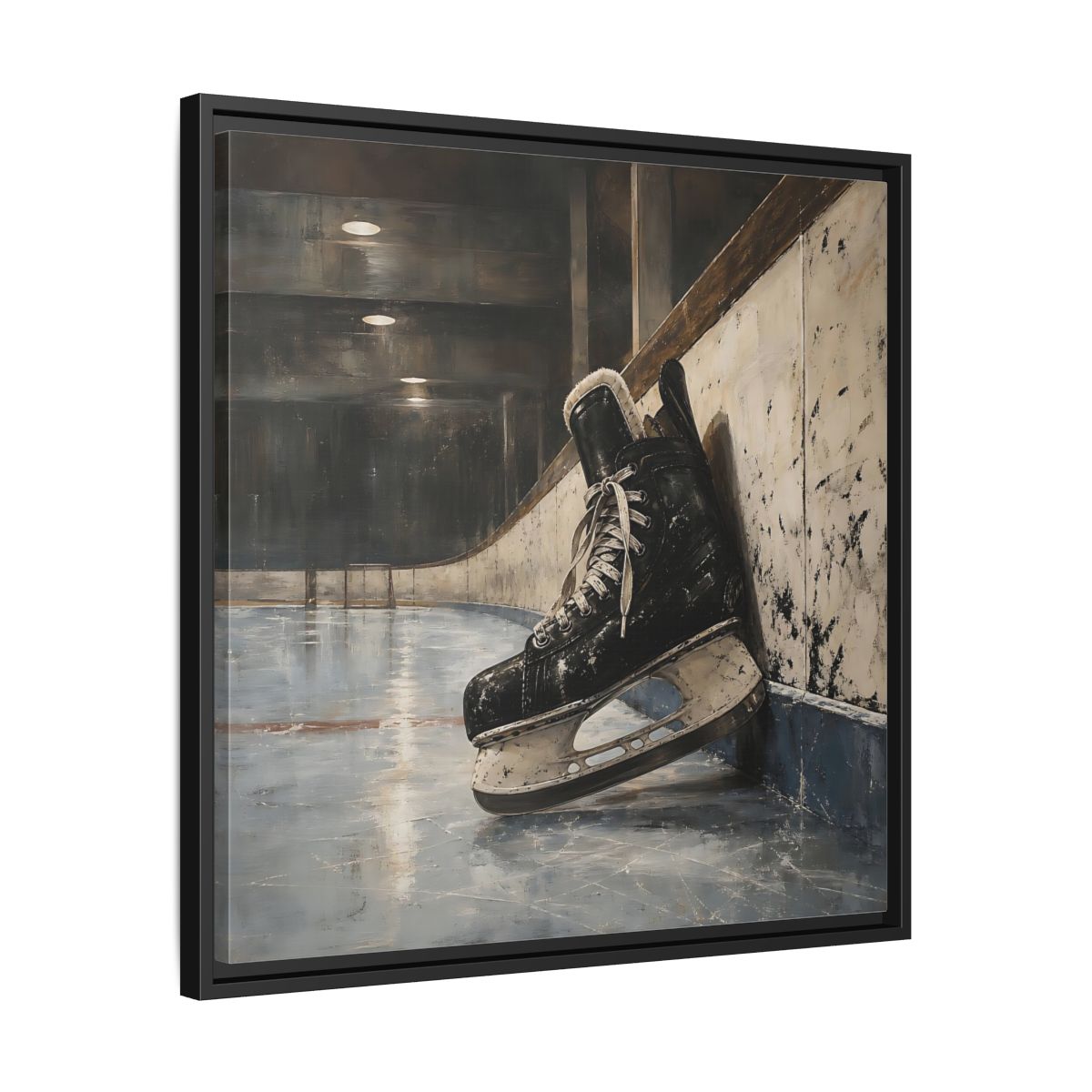 Side Mockup 31. Vintage Hockey Skate On Ice shown as framed canvas print