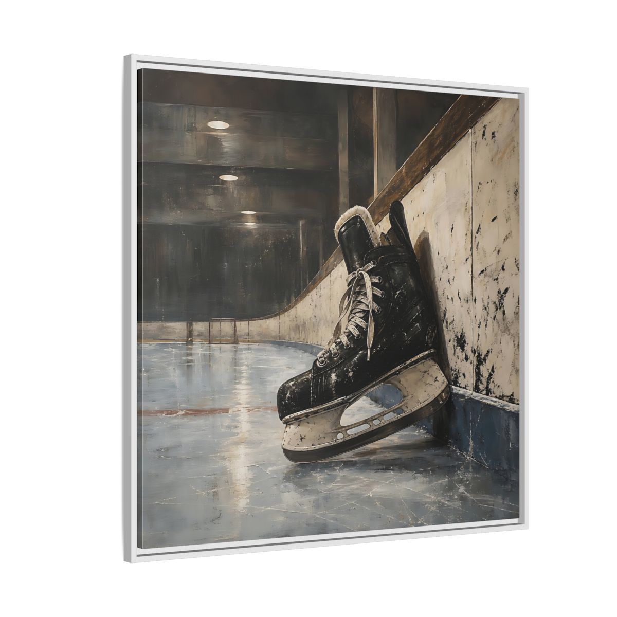 Side Mockup 4. Vintage Hockey Skate On Ice shown as framed canvas print